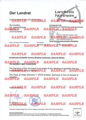 Sample Health Certificate for earthworms