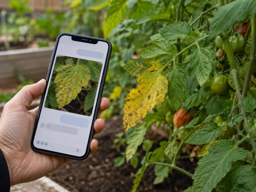 Gelbe Tomatenblätter werden mit ChatGPT per Smartphone untersucht