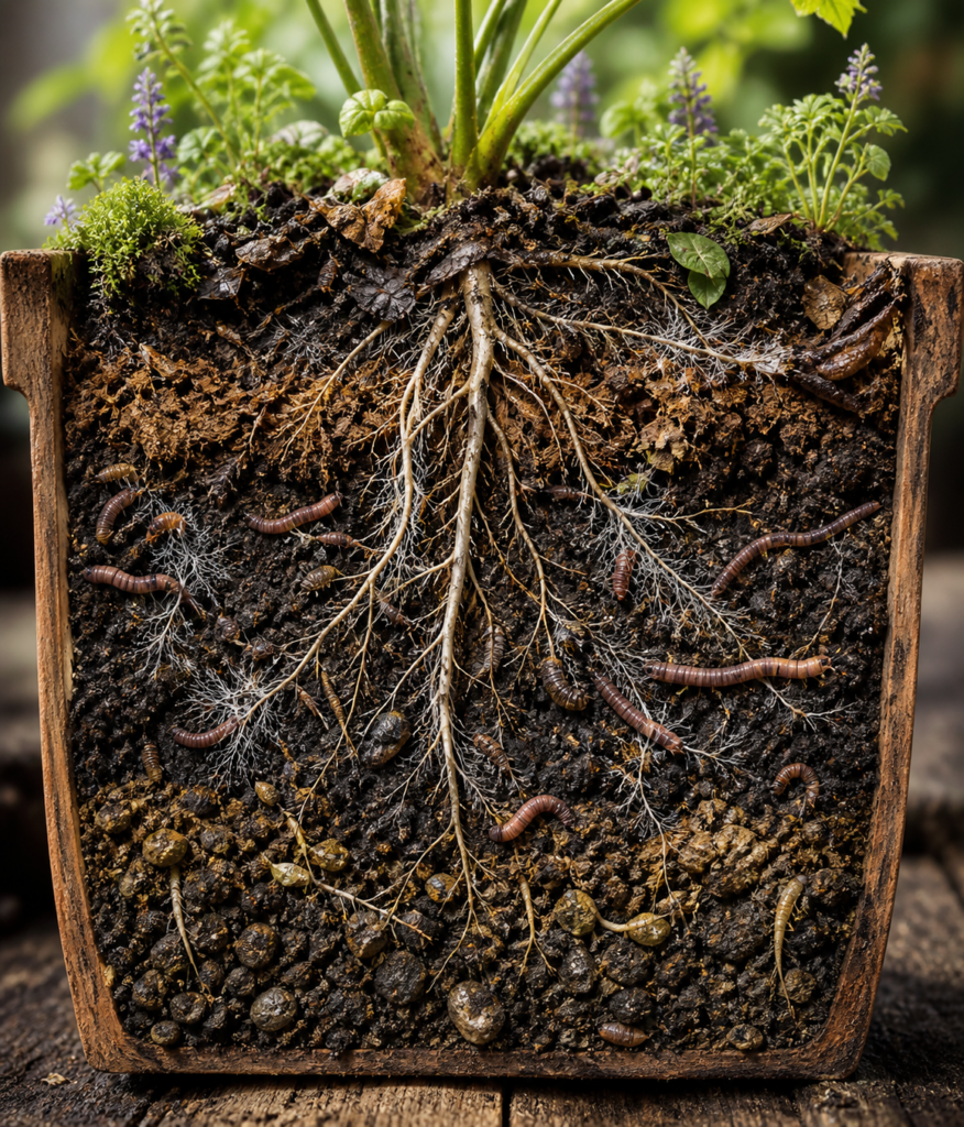 Wurzeln im Topf mit Living Soil Erdmischung im Querschnitt