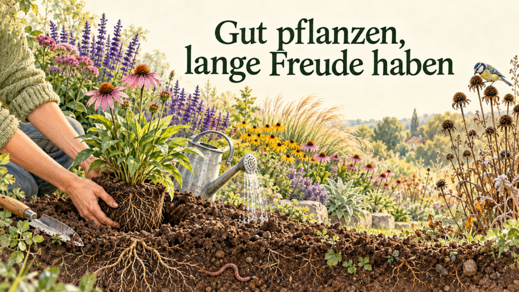 Stauden pflanzen und angießen in einem naturnahen Garten mit Regenwurm und samenfressendem Vogel