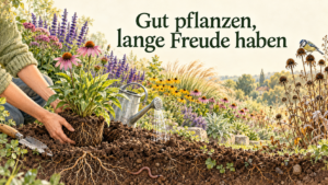 Stauden pflanzen und angießen in einem naturnahen Garten mit Regenwurm und samenfressendem Vogel