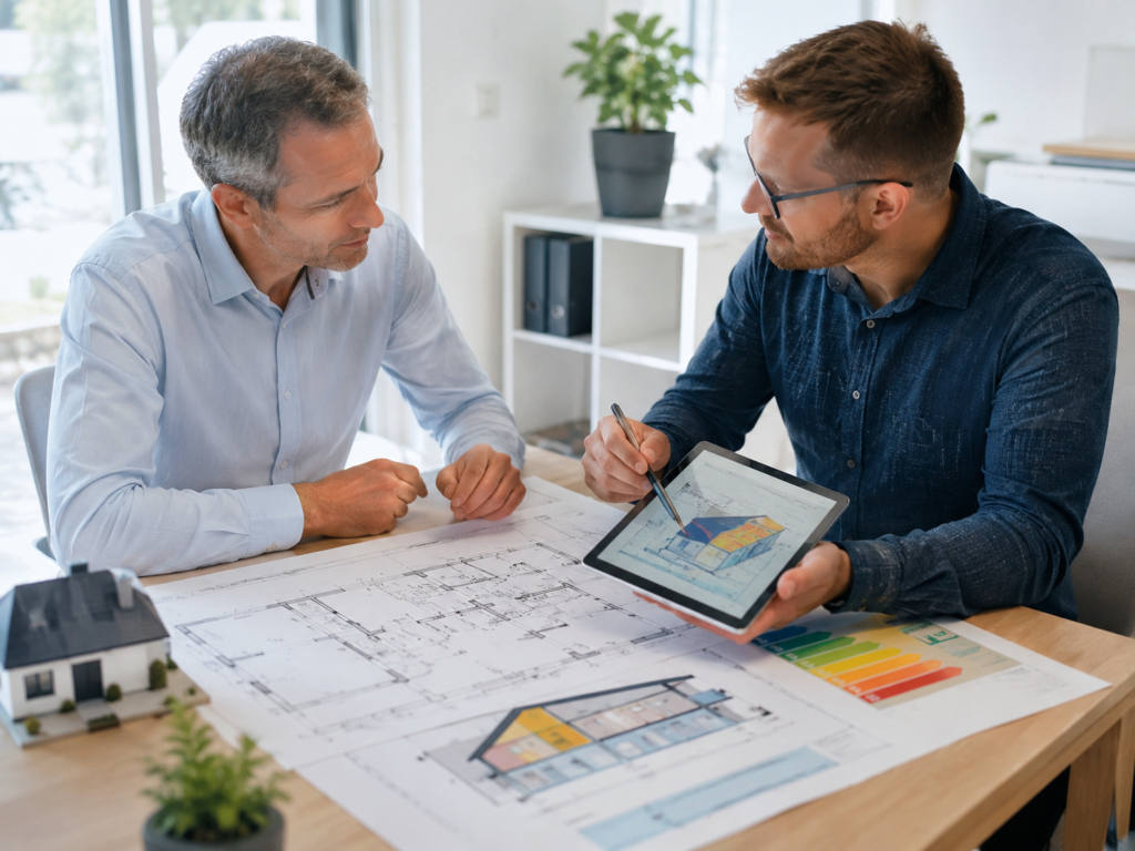 Energieberater erklärt einem Hauseigentümer einen individuellen Sanierungsfahrplan anhand von Bauplänen und Energiekennzahlen.