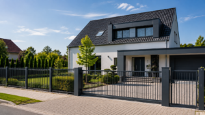 Moderner anthrazitfarbener Metallzaun vor einem Einfamilienhaus mit gepflegtem Garten.